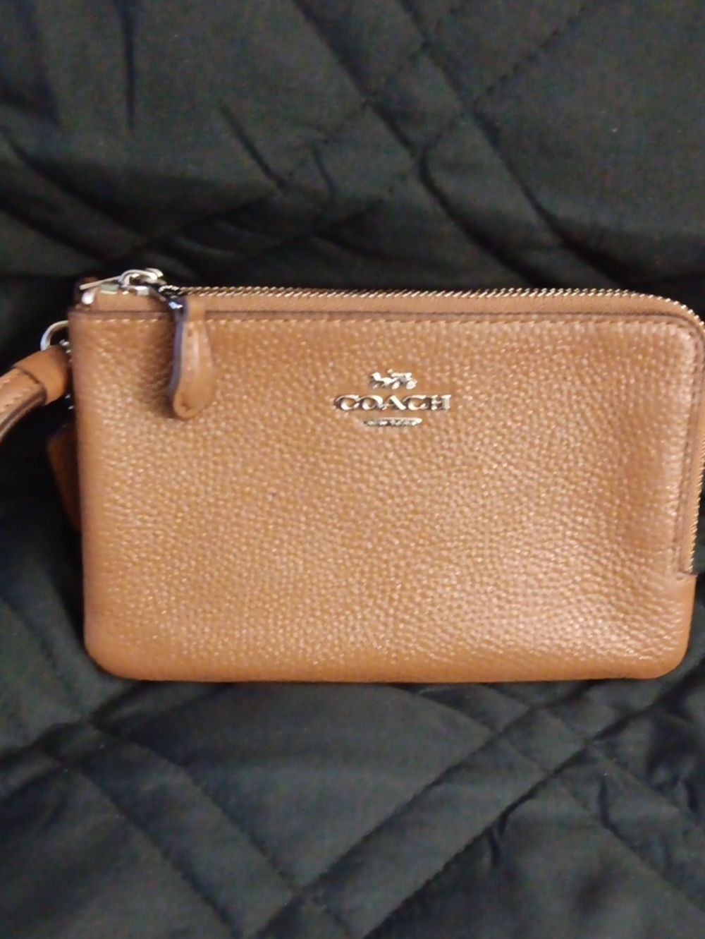 COACH Tan  Double Zipp Pebbled Leather Wristlet with Silver Logo